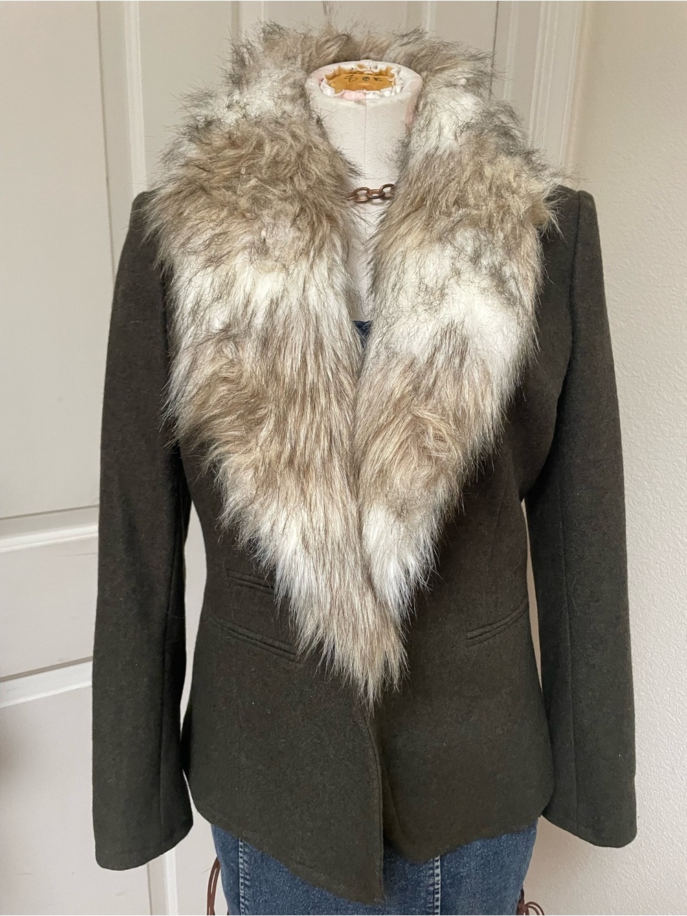 LOFT Olive Green Blazer with Faux Fur Shawl Collar